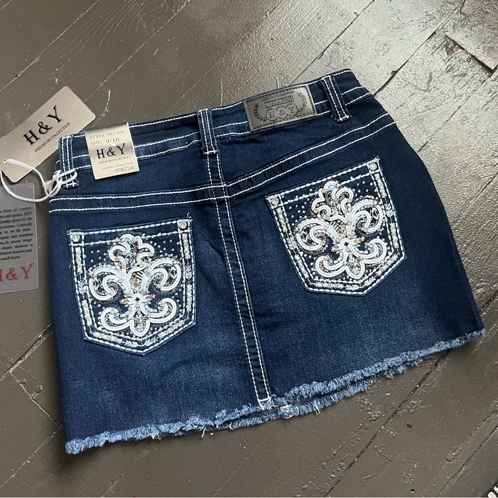 H&Y Embroidered Denim Mini Skirt - Dark Blue